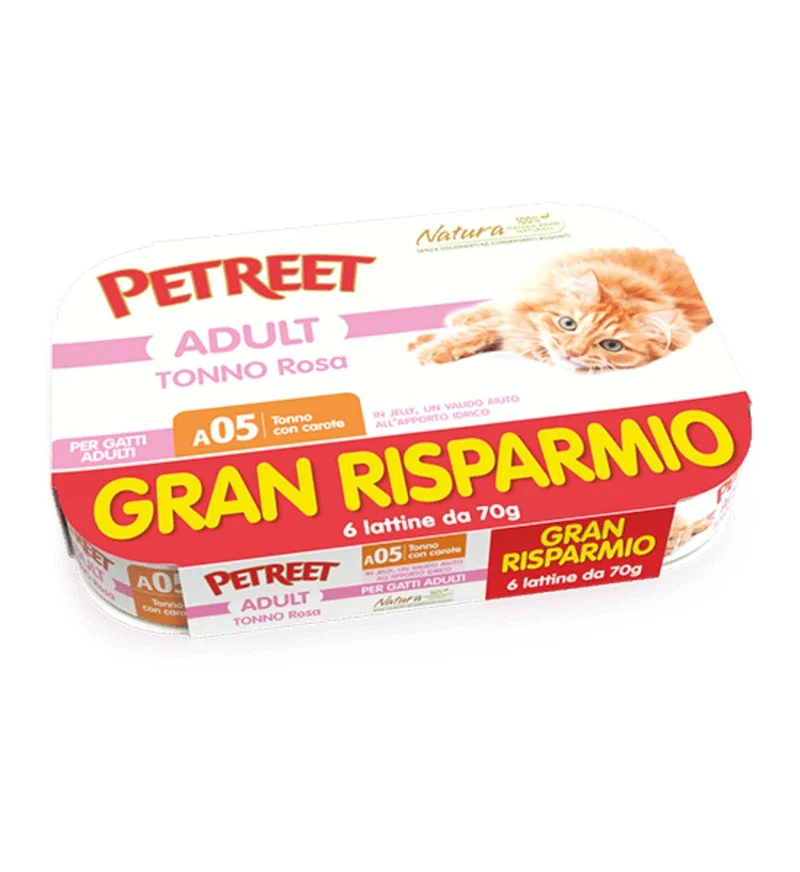 PETREET GATTO A05 MULTIBOX TONNO ROSA E CAROTE DA 70 GR PER 6 IN LATTINA