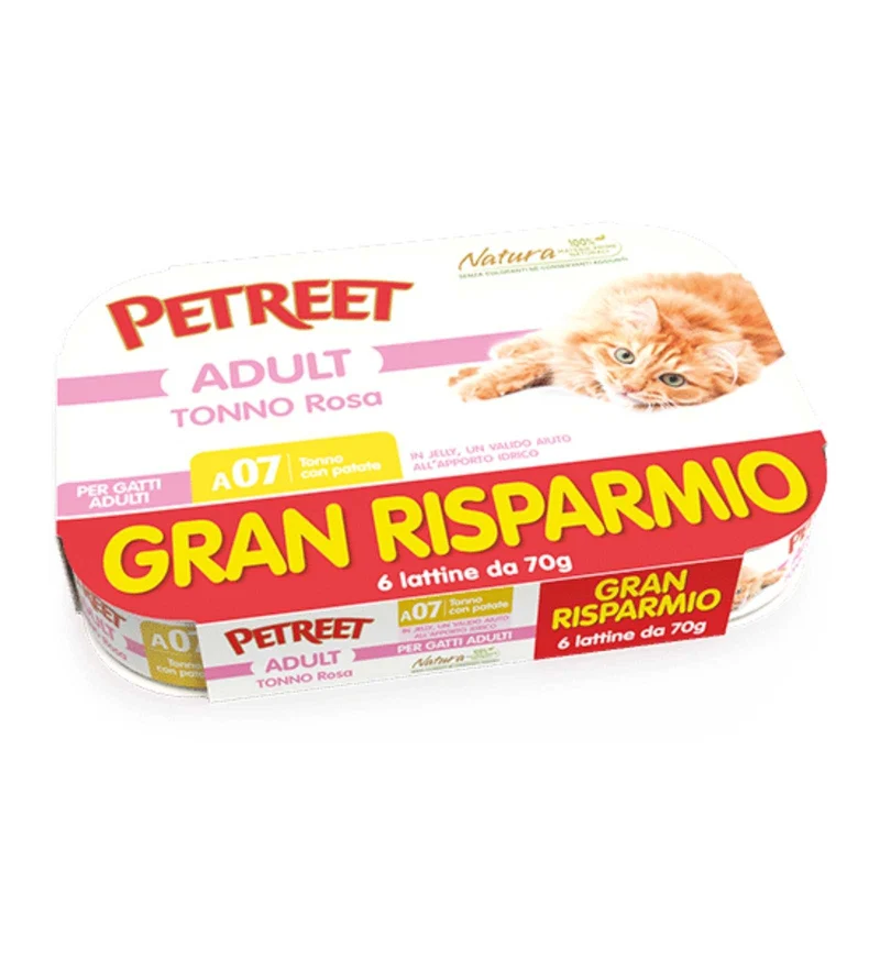 PETREET GATTO A07 MULTIBOX TONNO ROSA E PATATE DA 70 GR PER 6 IN LATTINA
