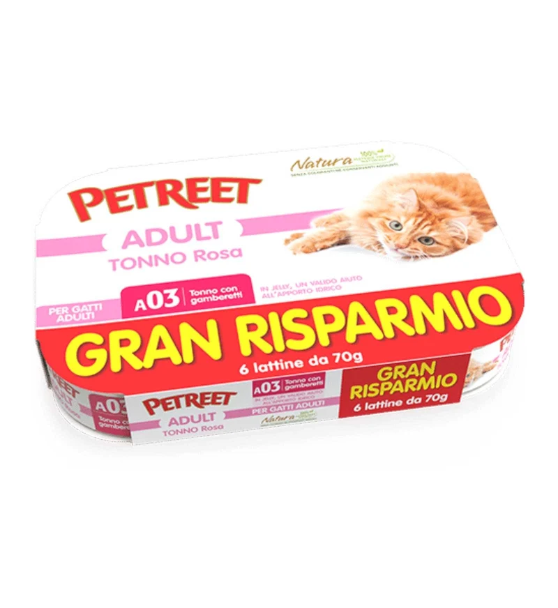 PETREET GATTO A03 MULTIBOX TONNO ROSA E GAMBERETTI DA 70 GR PER 6 IN LATTINA