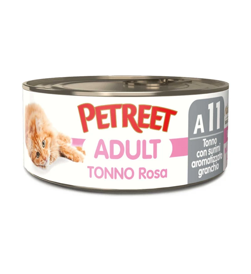 PETREET GATTO A11 TONNO ROSA E SURIMI AROMATIZZATO GRANCHIO DA 70 GR IN LATTINA