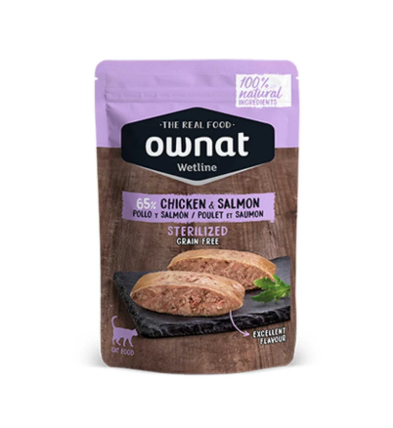 OWNAT GATTO WETLINE GRAIN FREE STERILIZZATO POLLO SALMONE DA 85 GR IN BUSTINA