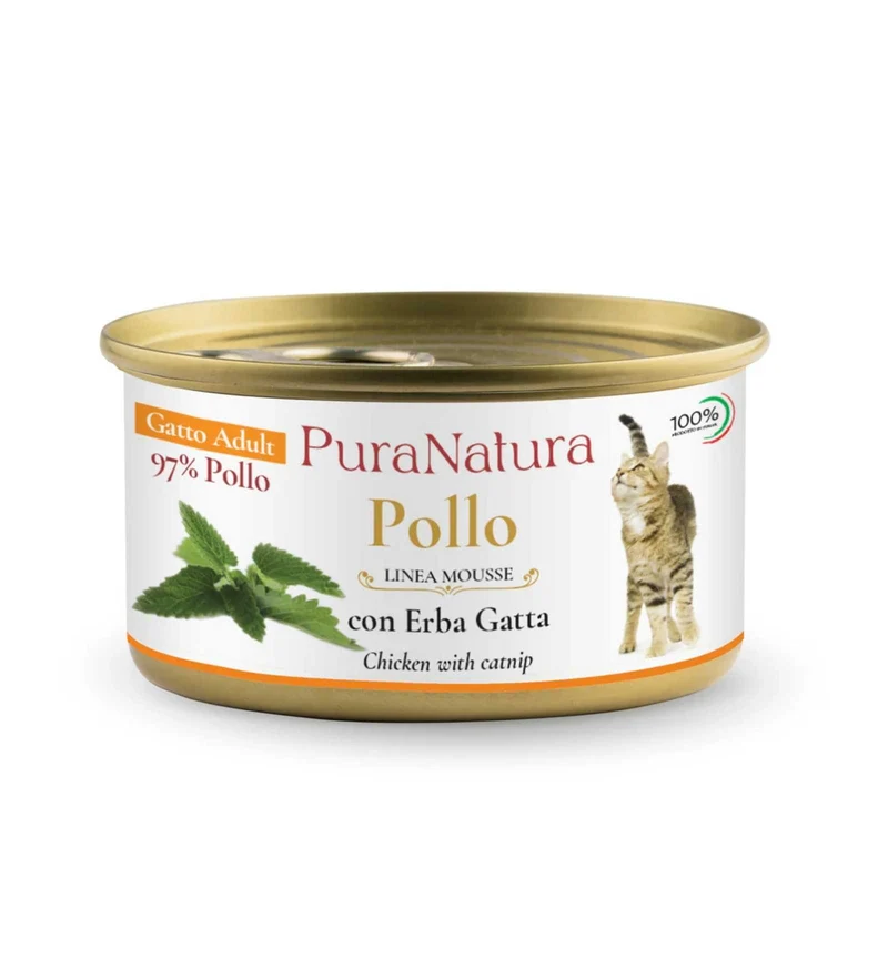 PURA NATURA GATTO ADULT MOUSSE POLLO CON ERBA GATTA DA 85 GR IN LATTINA