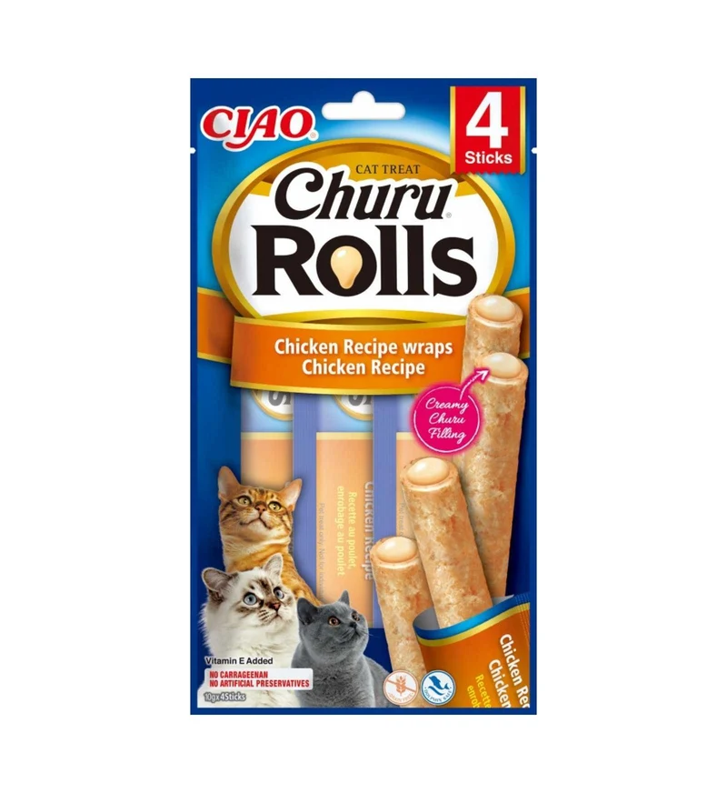 INABA CIAO CHURU GATTO SNACK TREATS ROLLS RICETTA POLLO WRAPS POLLO DA 40 GR 4 PEZZI