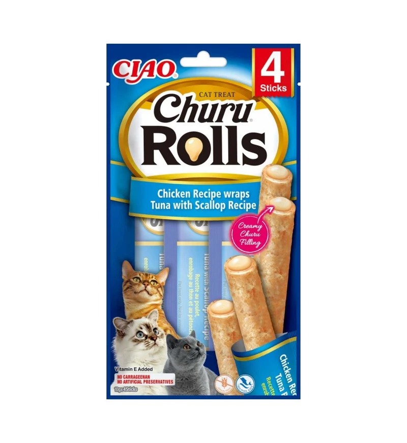 INABA CIAO CHURU GATTO SNACK TREATS ROLLS RICETTA POLLO WRAPS TONNO CON CAPESANTE DA 40 GR 4 PEZZI