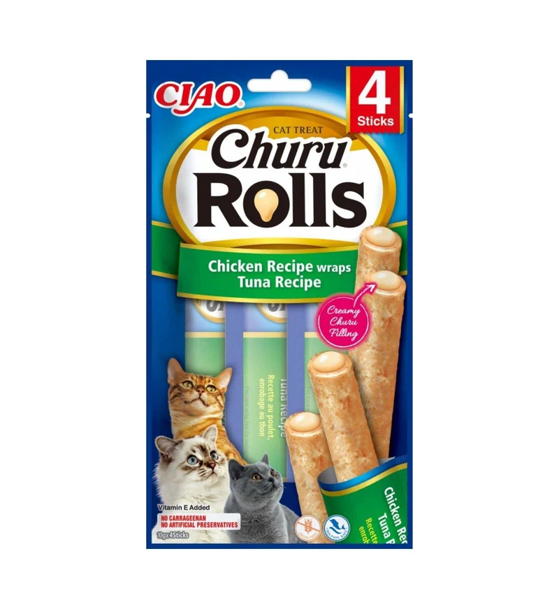 INABA CIAO CHURU GATTO SNACK TREATS ROLLS RICETTA POLLO WRAPS TONNO DA 40 GR 4 PEZZI