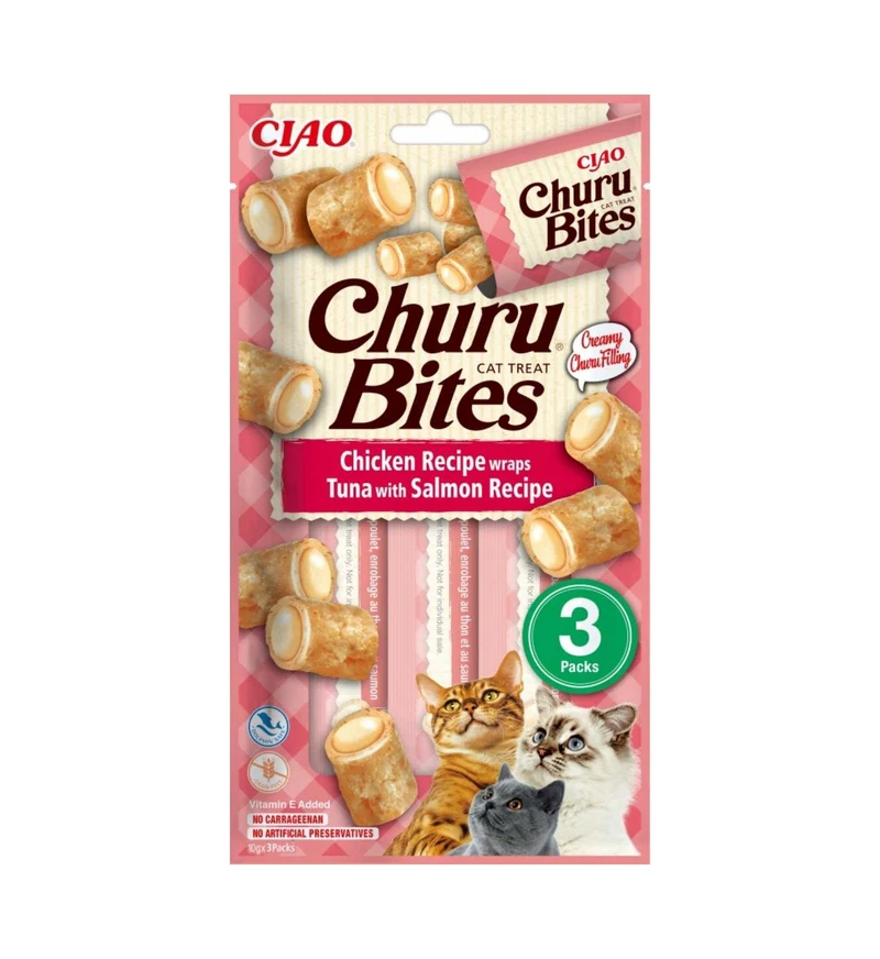 INABA CIAO CHURU GATTO SNACK TREATS BITES RICETTA POLLO WRAPS TONNO E SALMONE DA 30 GR 3 PEZZI
