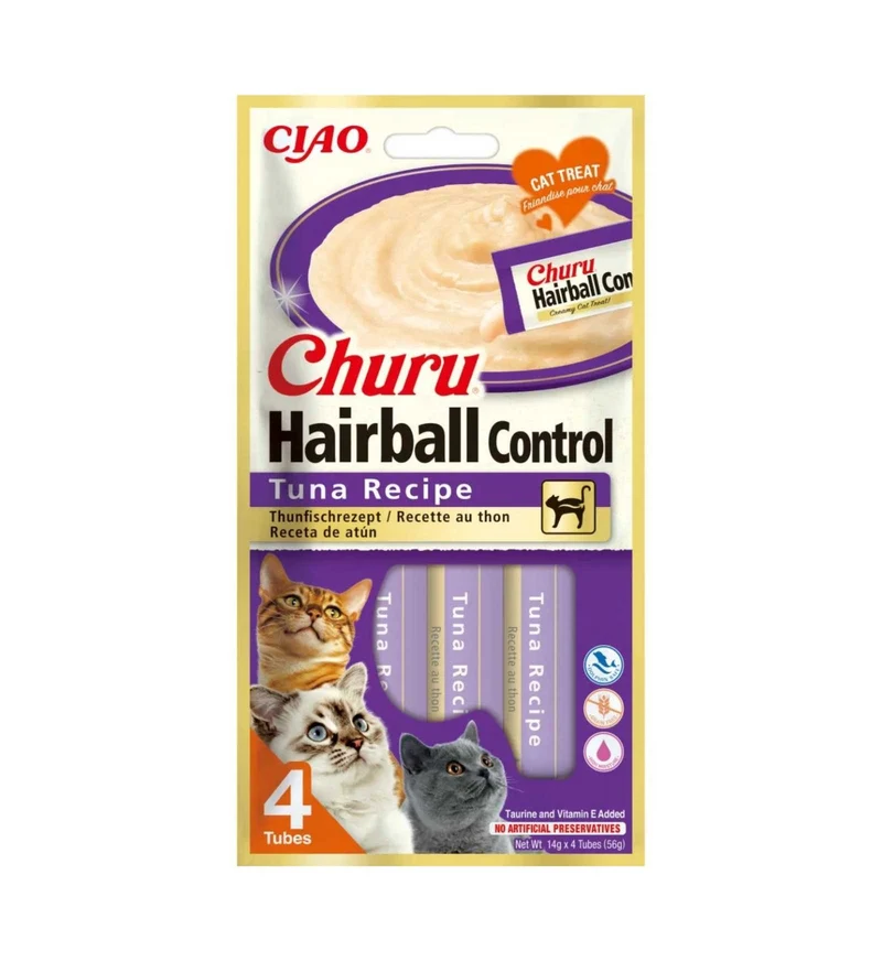 INABA CIAO CHURU GATTO SNACK TREATS HAIRBALL CONTROL RICETTA DI TONNO DA 56 GR 4 PEZZI