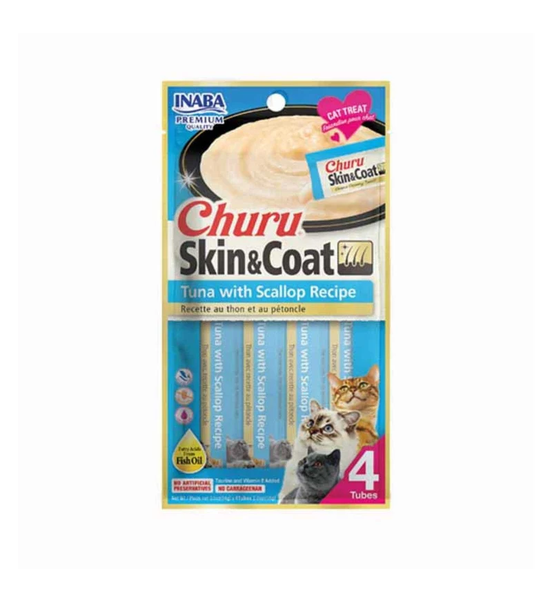 INABA CIAO CHURU GATTO SNACK TREATS SKIN E COAT RICETTA DI TONNO CON CAPESANTE DA 56 GR 4 PEZZI