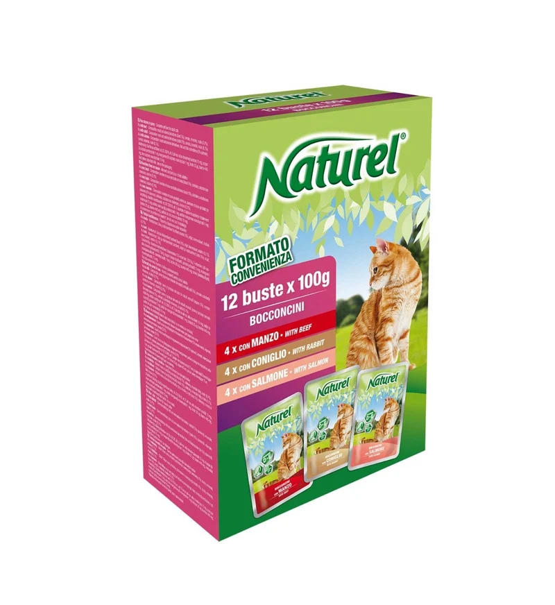 LIFEPETCARE GATTO NATUREL MULTIPACK CON BOCCONCINI AL MANZO CONIGLIO SALMONE 12 BUSTE DA 100 GR