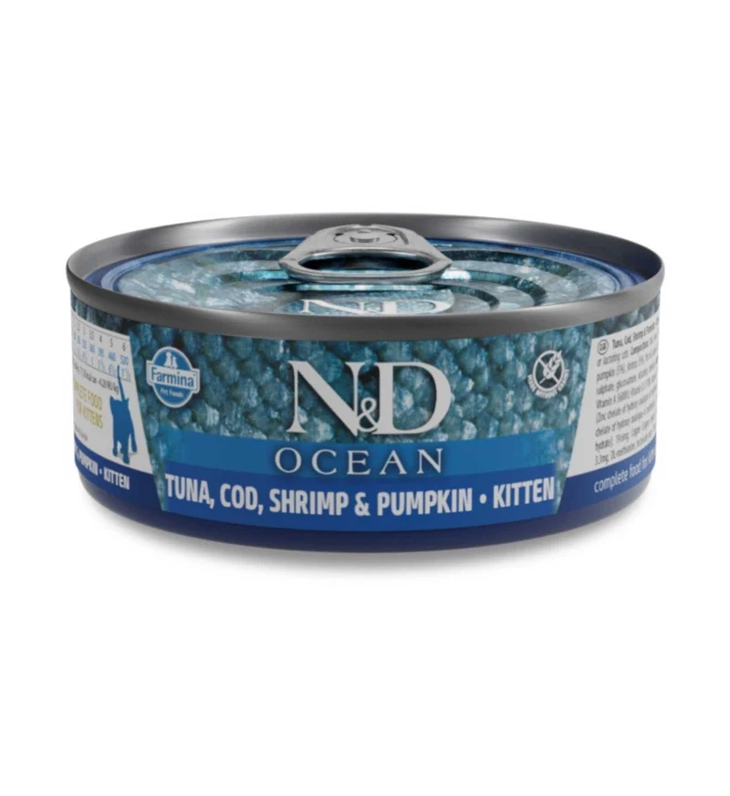 FARMINA N&D DELICIOUS GRAIN FREE GATTO OCEAN KITTEN CON TONNO MERLUZZO GAMBERI E ZUCCA DA 70 GR IN LATTINA