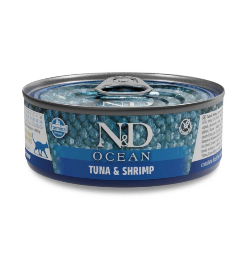 FARMINA N&D DELICIOUS GRAIN FREE GATTO OCEAN CON TONNO GAMBERETTI DA 70 GR IN LATTINA
