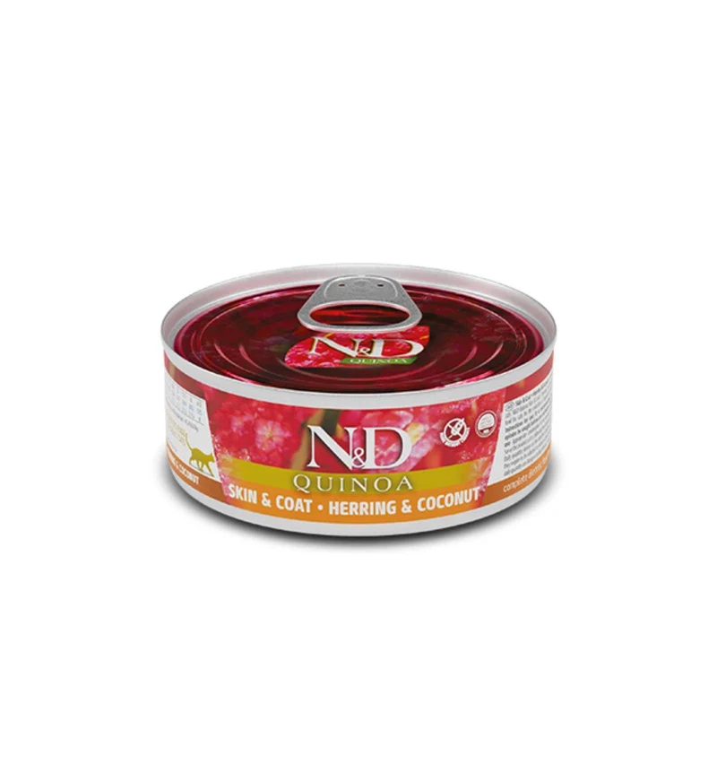 FARMINA N&D DELICIOUS GRAIN FREE GATTO QUINOA SKIN & COAT CON ARINGA E COCCO DA 80 GR IN LATTINA