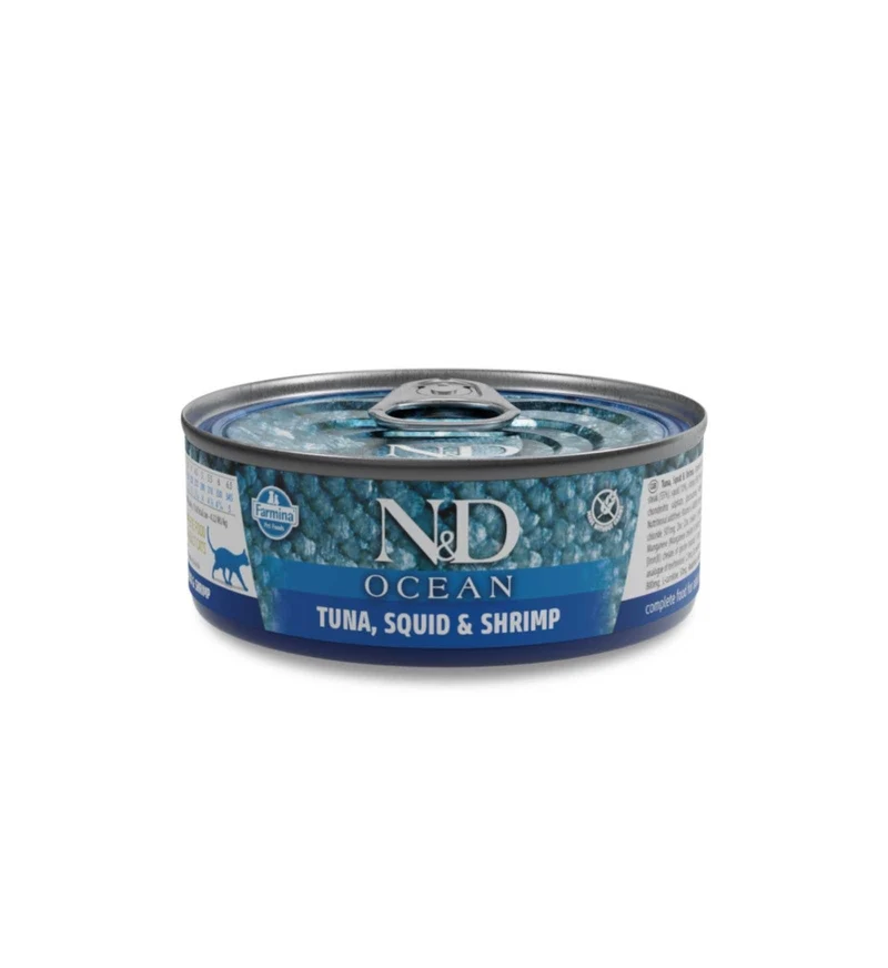 FARMINA N&D DELICIOUS GRAIN FREE GATTO OCEAN CON TONNO CALAMARI E GAMBERI DA 70 GR IN LATTINA