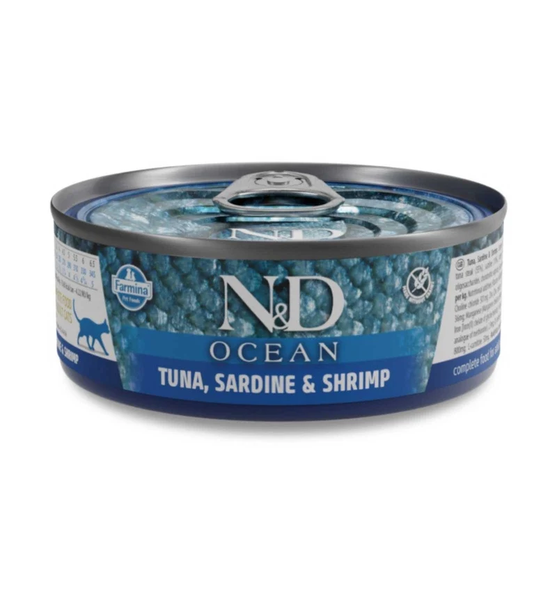 FARMINA N&D DELICIOUS GRAIN FREE GATTO OCEAN CON TONNO SARDINE E GAMBERETTI DA 70 GR IN LATTINA