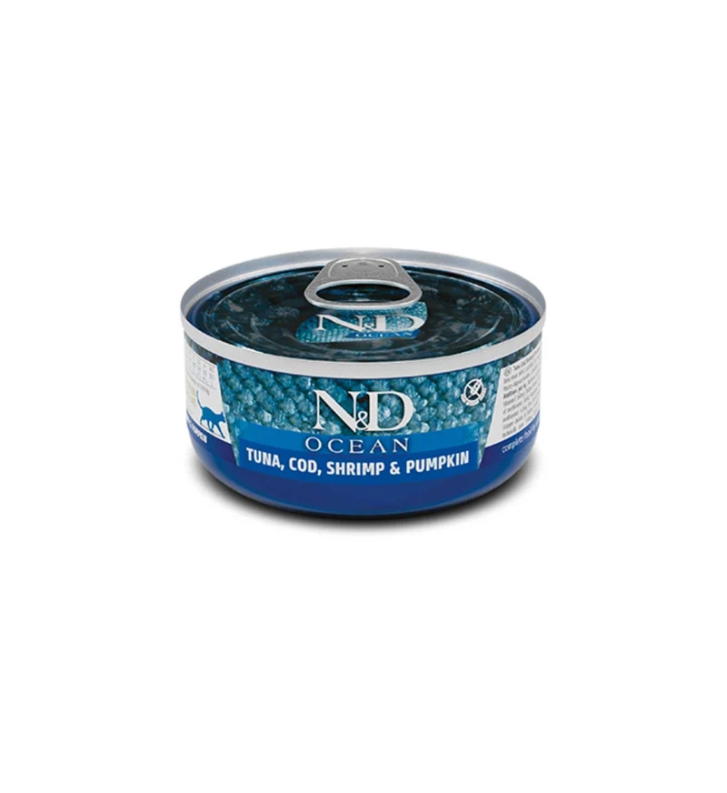 FARMINA N&D DELICIOUS GRAIN FREE GATTO OCEAN CON TONNO MERLUZZO GAMBERI E ZUCCA DA 70 GR IN LATTINA