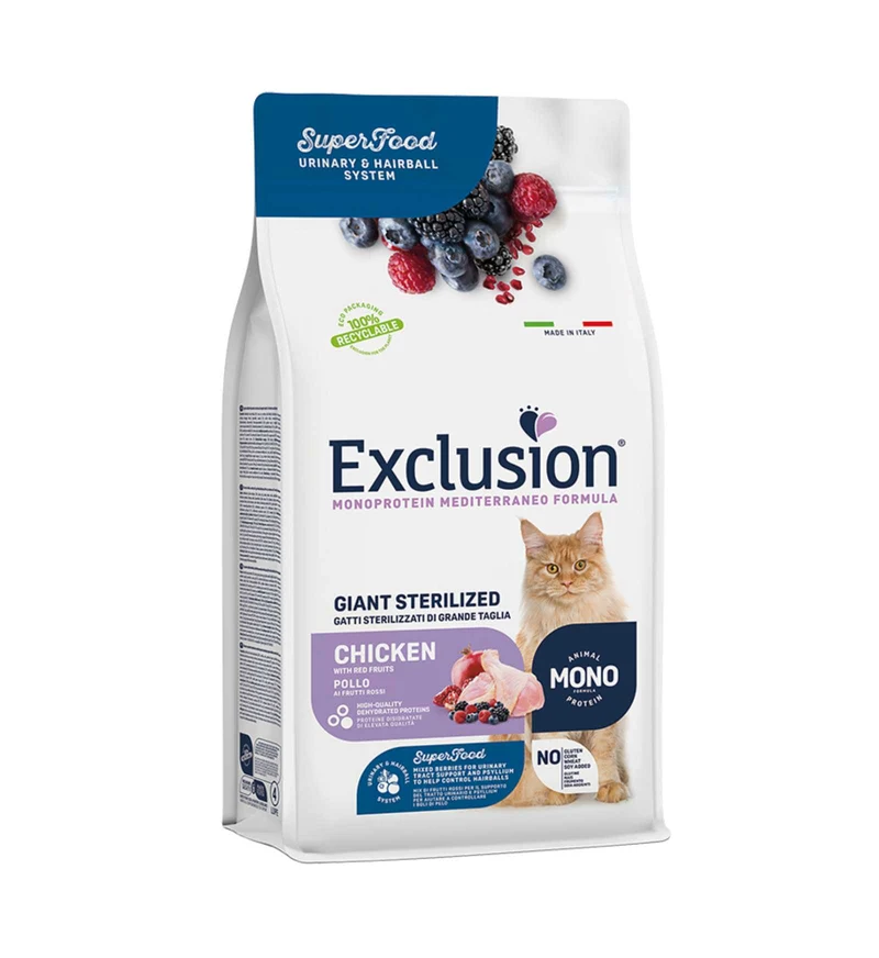 EXCLUSION GATTO STERILIZZATO DI TAGLIA GRANDE NOBLE GRAIN MONOPROTEICO AL POLLO DA 1,5 KG