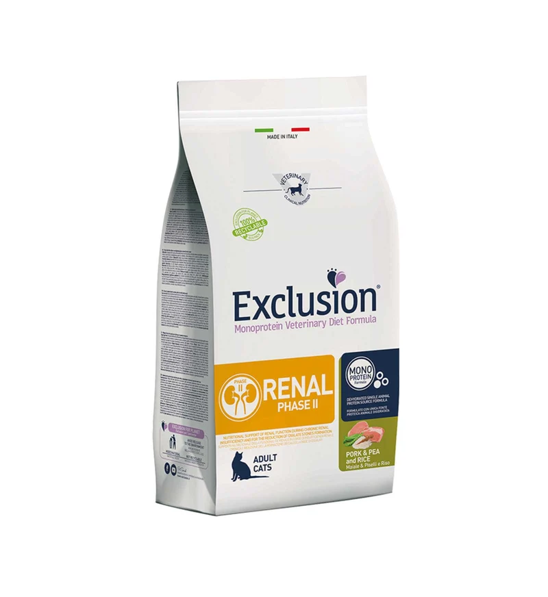 EXCLUSION GATTO DIET ADULT RENAL FASE 2 MAIALE PISELLI E RISO