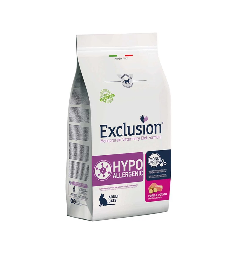 EXCLUSION GATTO DIET ADULT HYPOALLERGENIC MAIALE E PATATE DA 1,5 KG