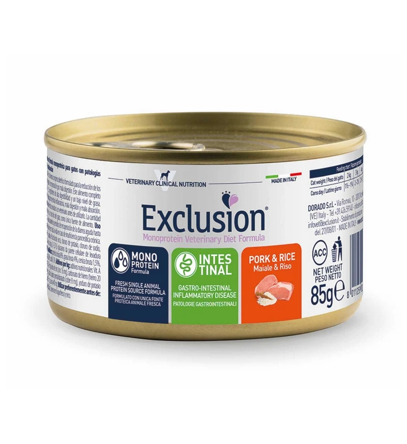 EXCLUSION GATTO DIET ADULT INTESTINAL MAIALE E RISO DA 85 GR IN LATTINA