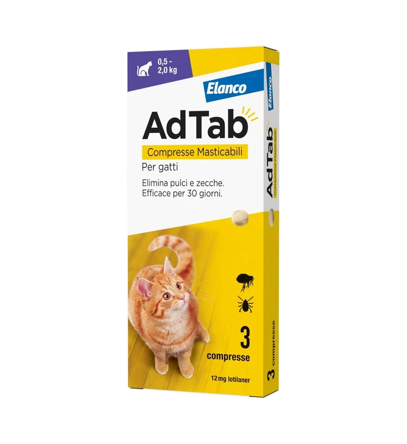 ELANCO ADTAB ANTIPARASSITARIO PER GATTI 0,5 A 2,0 KG COMPRESSE MASTICABILI 3X12 MG