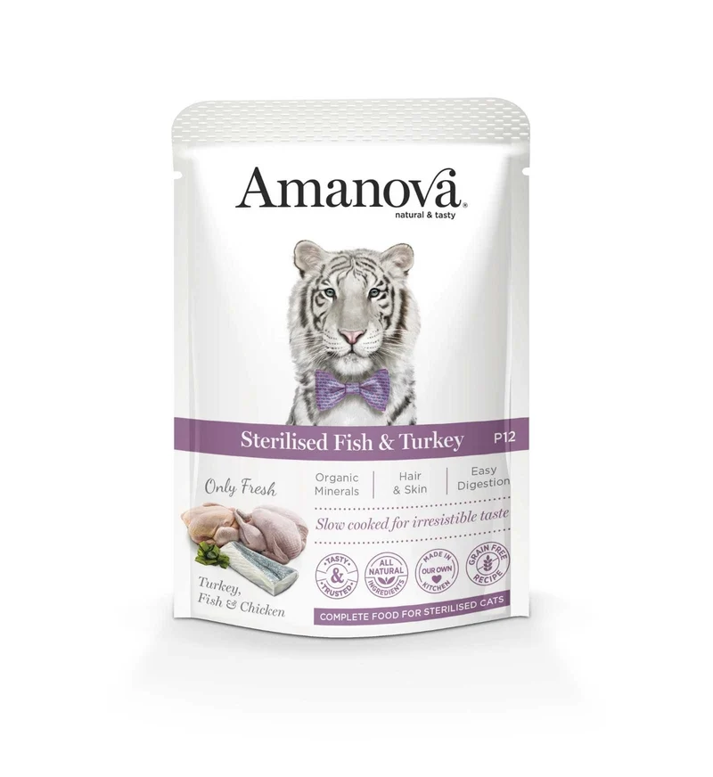 AMANOVA GATTO STERILIZZATO PESCE E TACCHINO P12 DA 85 G IN BUSTA