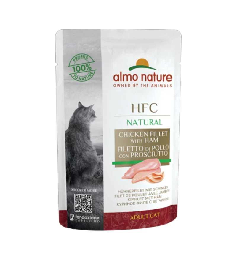 ALMO NATURE HFC GATTO NATURAL FILETTO DI POLLO CON PROSCIUTTO DA 55 GR IN BUSTA