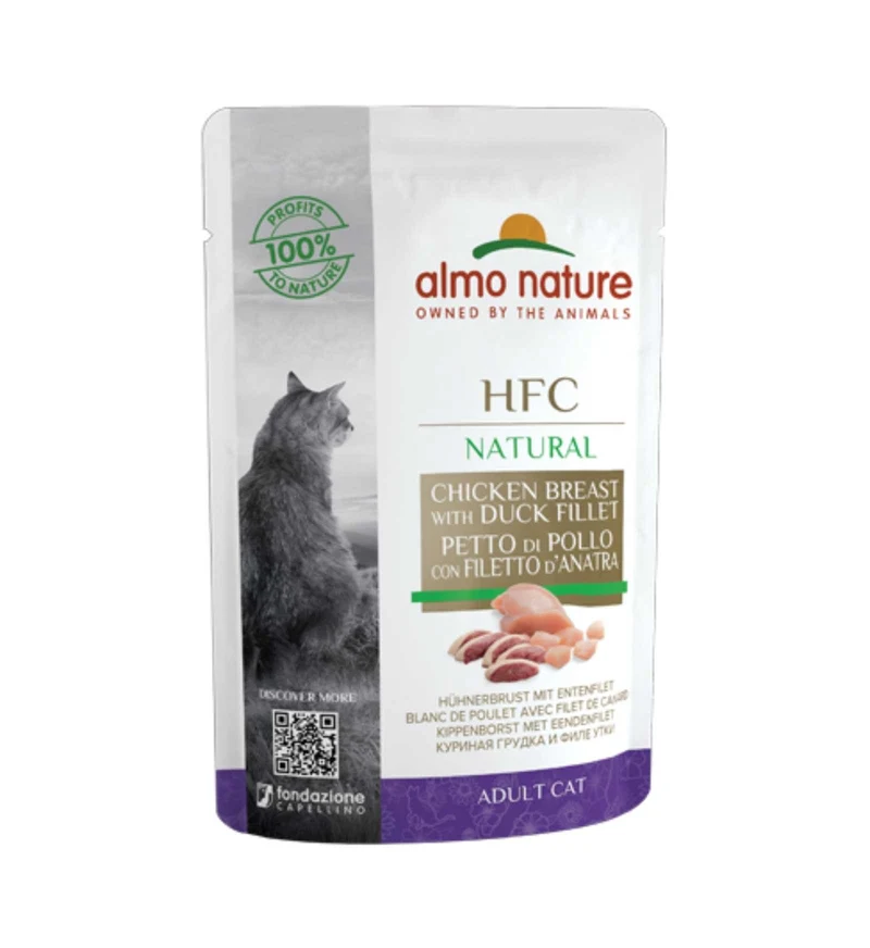 ALMO NATURE HFC GATTO NATURAL CON PETTO DI POLLO E FILETTO D'ANATRA DA 55 GR IN BUSTA