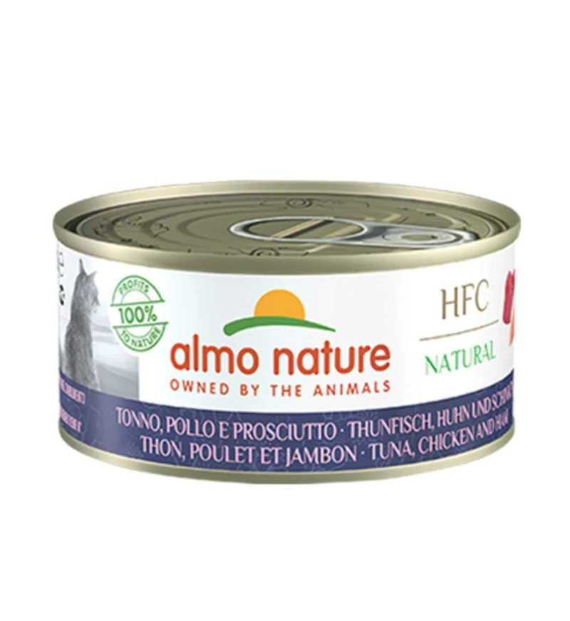 ALMO NATURE HFC GATTO NATURAL CON TONNO POLLO PROSCIUTTO DA 150 GR IN LATTINA