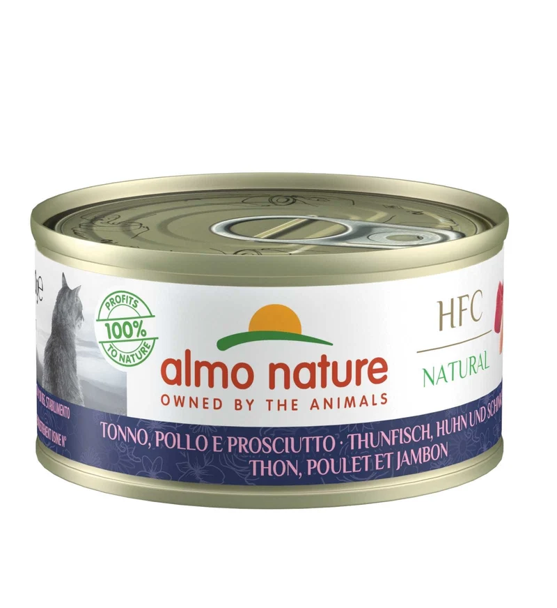 ALMO NATURE HFC GATTO CUISINE CON TONNO POLLO E PROSCIUTTO DA 70 GR IN LATTINA