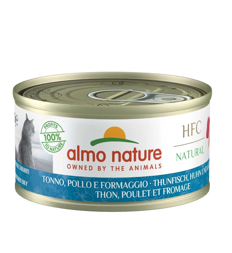 ALMO NATURE HFC GATTO CON TONNO POLLO E FORMAGGIO DA 70 GR IN LATTINA