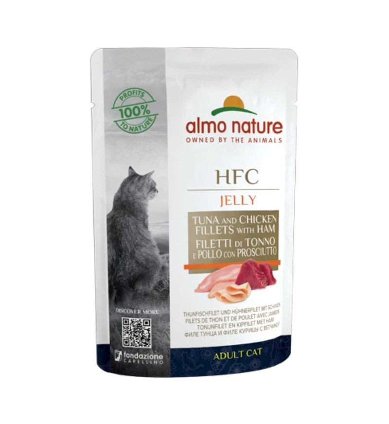ALMO NATURE HFC GATTO CLASSIC IN GELATINA CON FILETTO DI TONNO POLLO E PROSCIUTTO DA 55 GR IN BUSTA