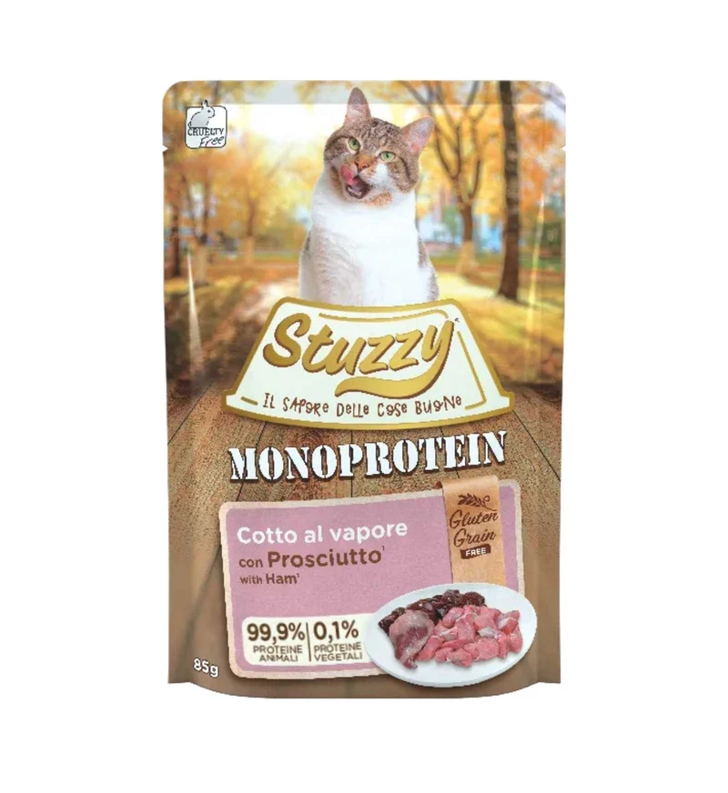 STUZZY GATTO ADULT MONOPROTEIN GRAIN & GLUTEN FREE CON PROSCIUTTO DA 85 GR IN BUSTA