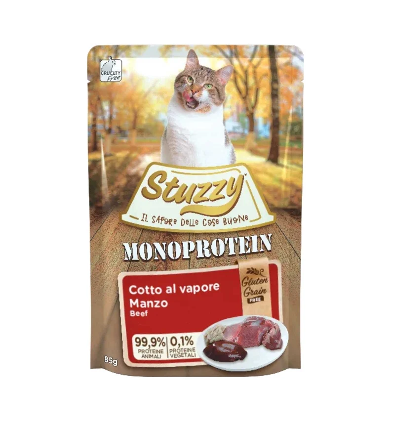 STUZZY GATTO ADULT MONOPROTEIN GRAIN & GLUTEN FREE CON MANZO FRESCO DA 85 GR IN BUSTA