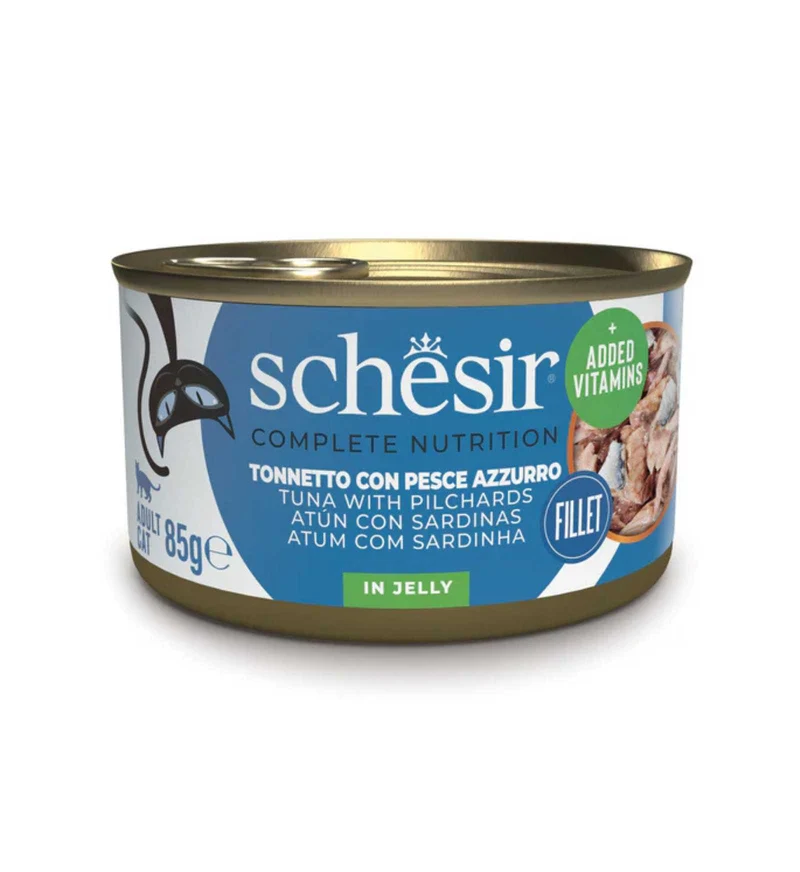 SCHESIR GATTO COMPLETO TONNO E PESCE AZZURRO IN GELATINA DA 85 GR