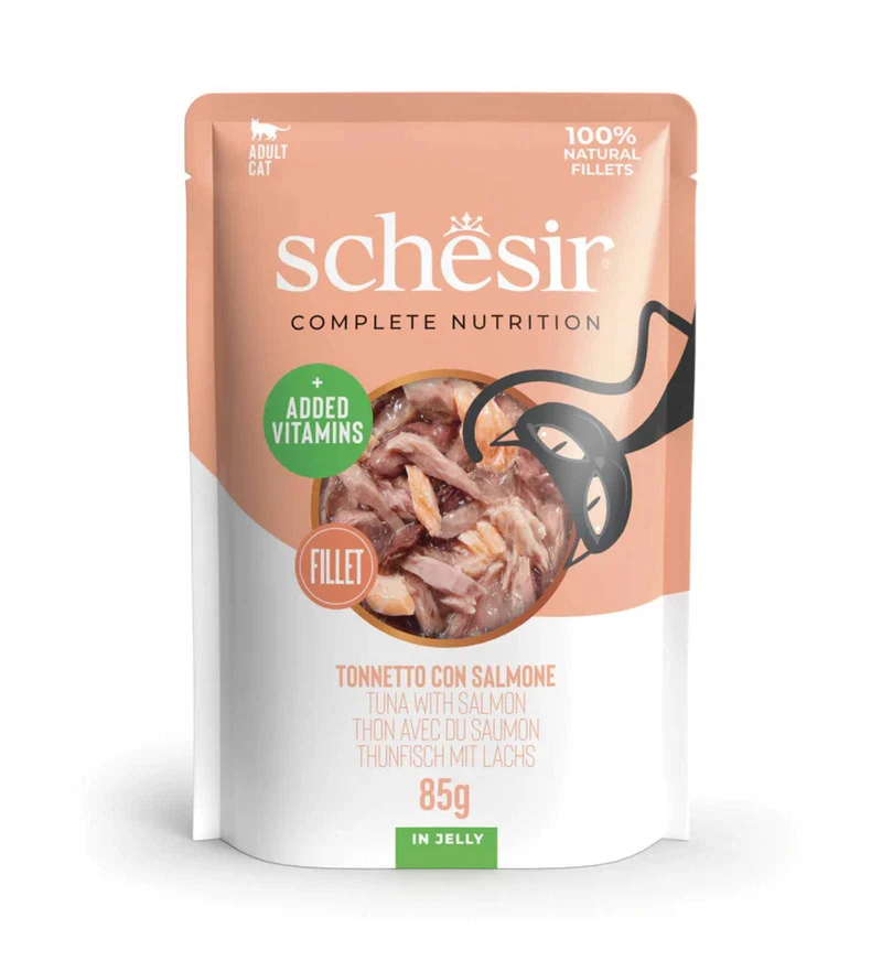 SCHESIR GATTO COMPLETO TONNO E SALMONE IN GELATINA DA 85 GR IN BUSTA