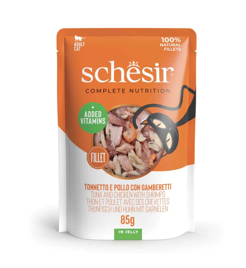 SCHESIR GATTO COMPLETO TONNO E POLLO CON GAMBERETTI IN GELATINA DA 85 GR IN BUSTA