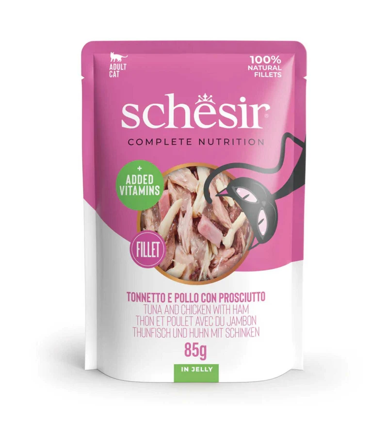 SCHESIR GATTO COMPLETO TONNO E POLLO CON PROSCIUTTO IN GELATINA DA 85 GR IN BUSTA