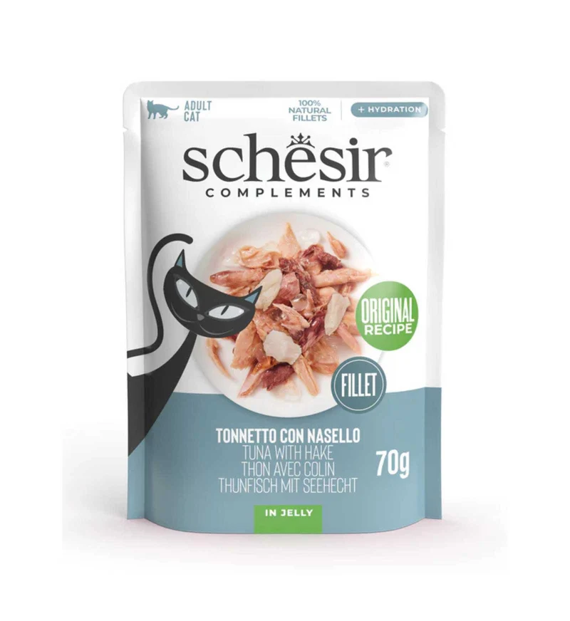 SCHESIR GATTO COMPLEMENTARE TONNO E NASELLO IN GELATINA DA 70 GR IN BUSTA