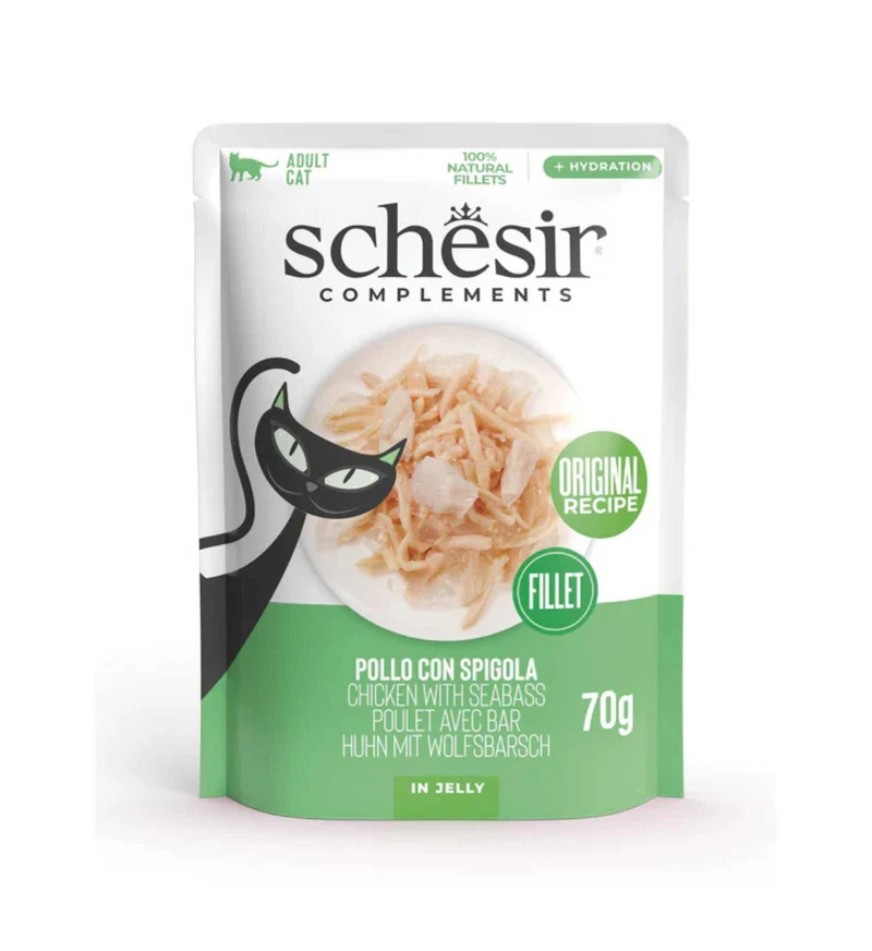 SCHESIR GATTO COMPLEMENTARE POLLO E SPIGOLA IN GELATINA DA 70 GR IN BUSTA