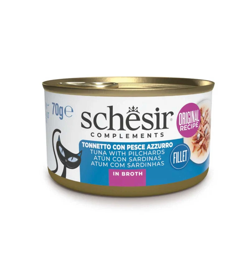 SCHESIR GATTO COMPLEMENTARE TONNO E PESCE AZZURRO IN BRODO DA 70 GR