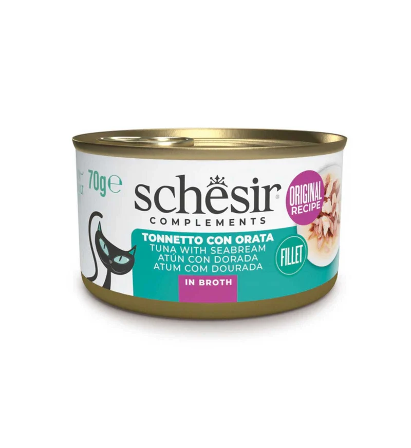 SCHESIR GATTO COMPLEMENTARE TONNO E ORATA IN BRODO DA 70 GR IN LATTINA