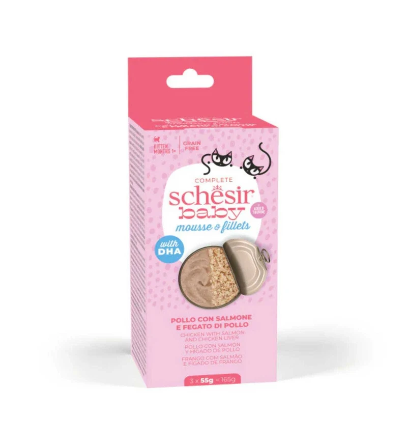 SCHESIR GATTO BABY MOUSSE E FILETTI IN BRODO POLLO E SALMONE DA 55 GR x 3 IN LATTINA