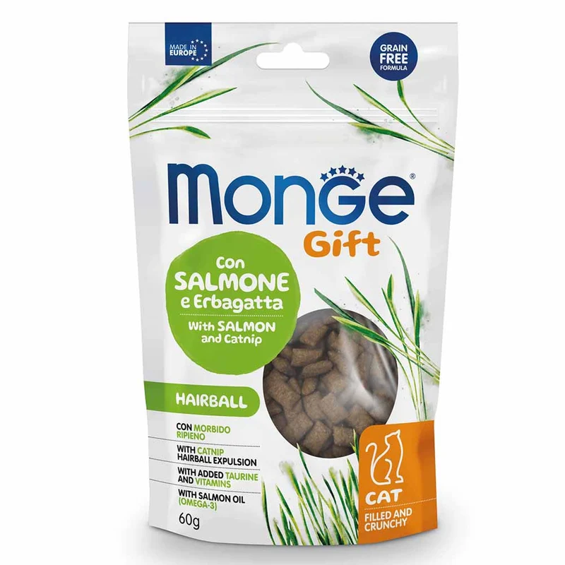 Alimento gatto Monge Gift cat Filled and Crunchy Hairball con salmone e erba gatta 60g