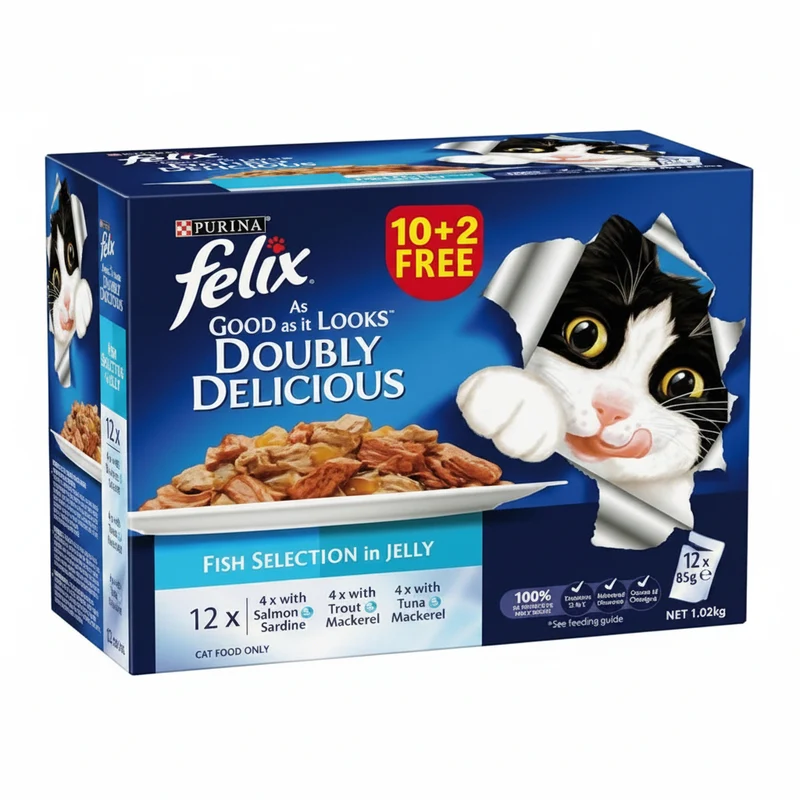 PURINA Felix Doubly Delicious Fish Selection In Jelly Wet Cat Food Value Pack 10+2 FREE 12X85G