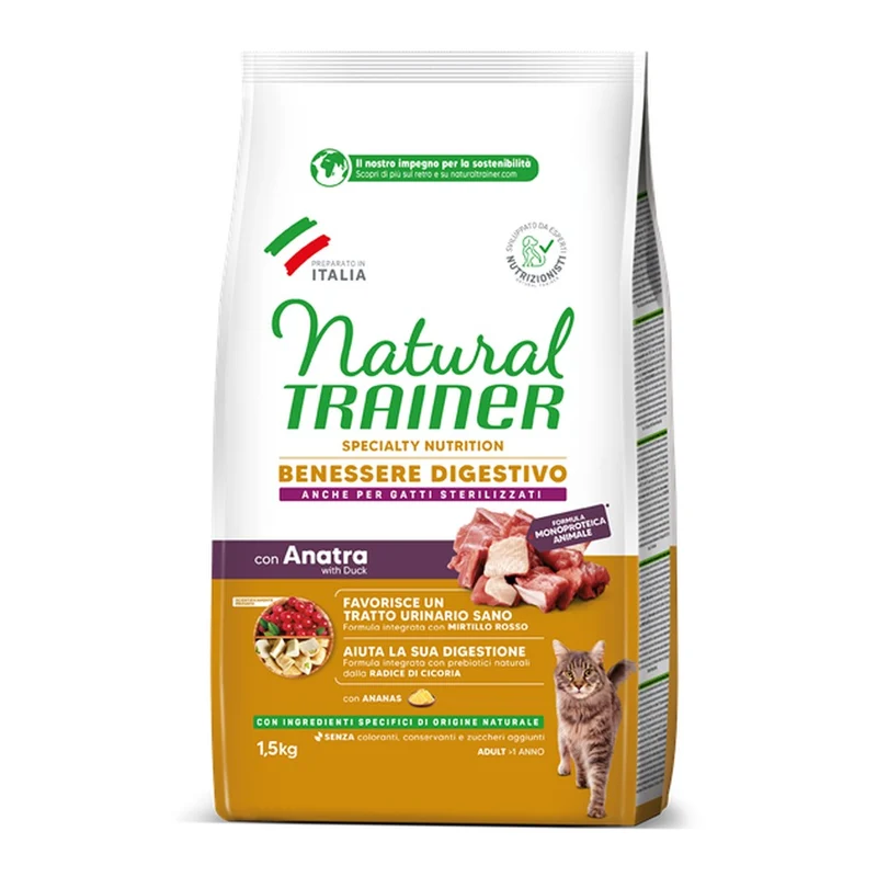 Cibo Secco Natural Trainer Benessere Digestivo Adult con Anatra per Gatti 1,5kg