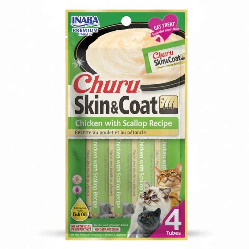 Inaba Churu Skin & Coat Chicken With Scallop Recipe Wet Cat Food & Meal Topper 48G