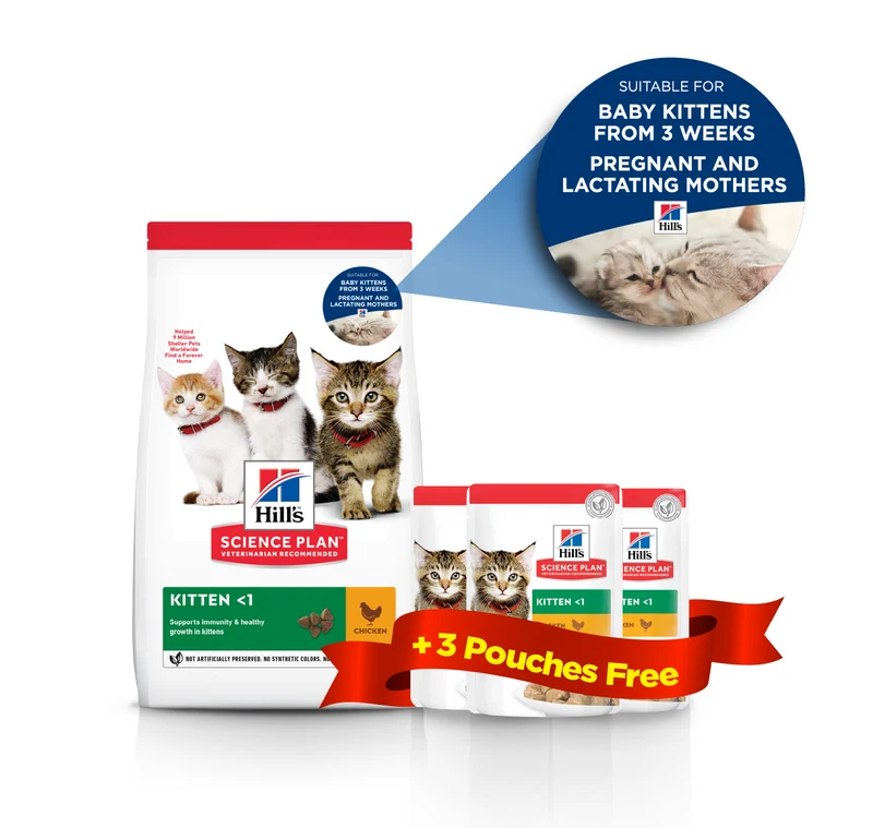 Hill's Science Plan Kitten Dry Cat Food With Chicken 1.5KG + 3pcs Feline Kitten Wet Cat Food In Pouches With Chicken 85G - Bundle