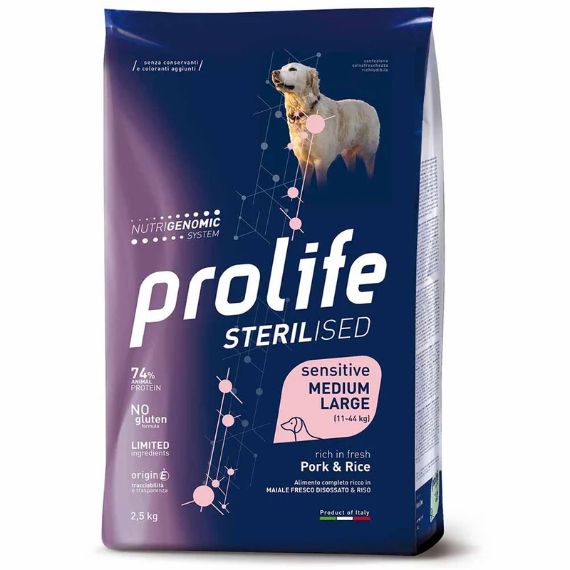 Alimento secco cane Prolife Sterilised Adult Medium Large maiale riso 12 kg