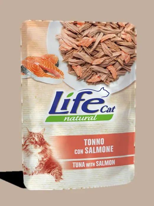 LifeCat Natural Tonno e Salmone - Alimento Umido per Gatti - Busta 70 g