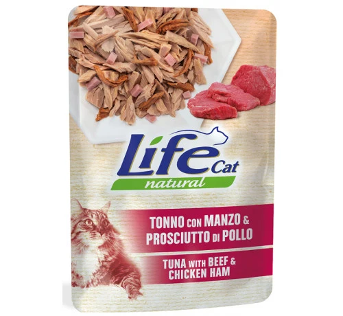 LifeCat Natural Tonno, Manzo e Prosciutto - Umido per Gatti - Busta 70 g